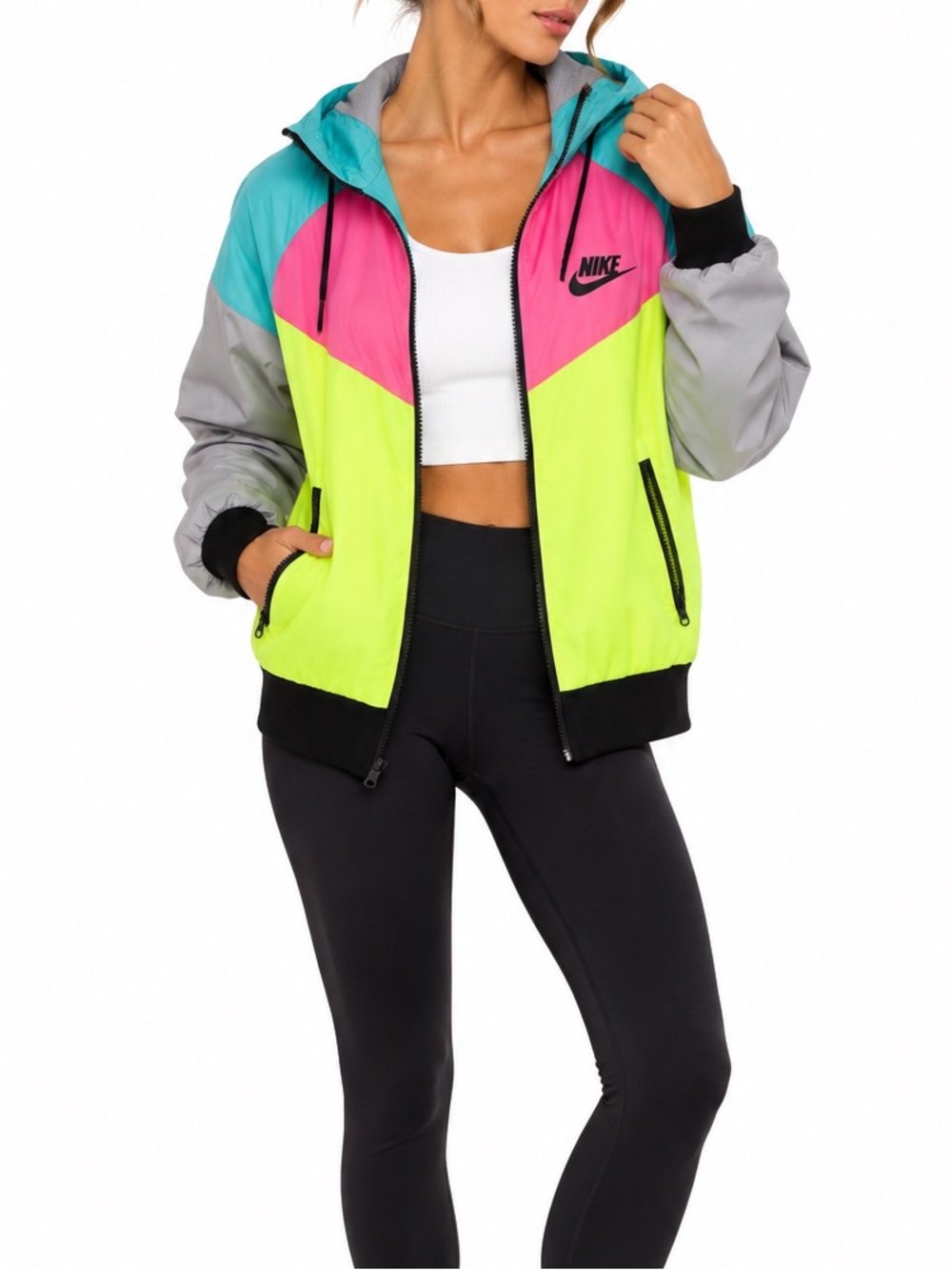 Nike Colorblock Windbreaker Jacket Y2K Retro 90s Neon Hooded Streetwear Sz S